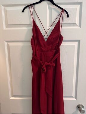 Sleeveless V-Neck Wine Red Maxi Dress with Waist Tie